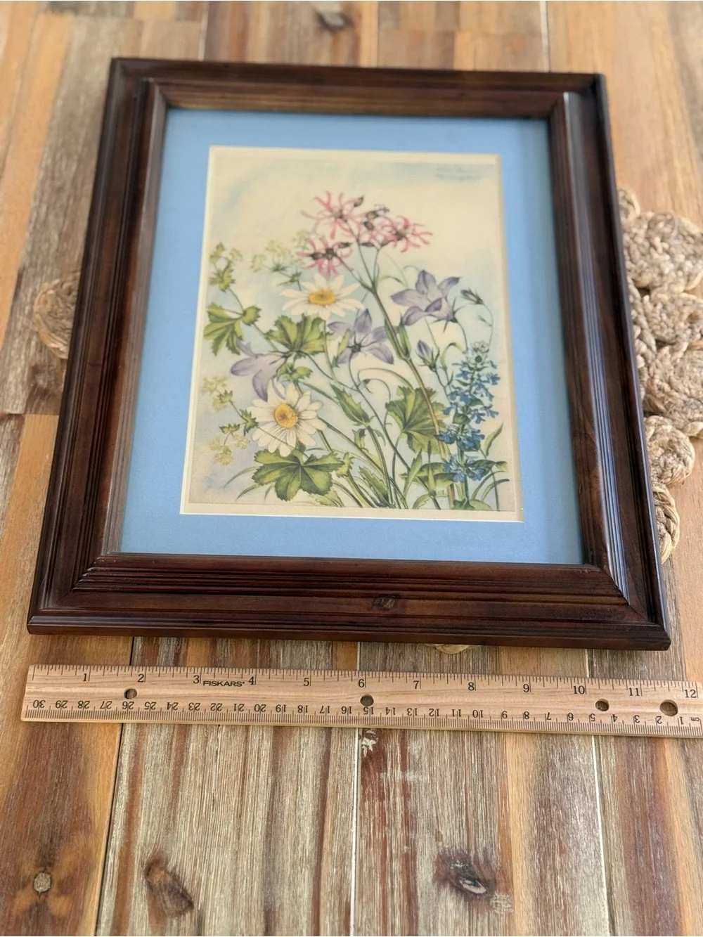 Framed Botanical Print with Blue Mat and Warm Wood Frame